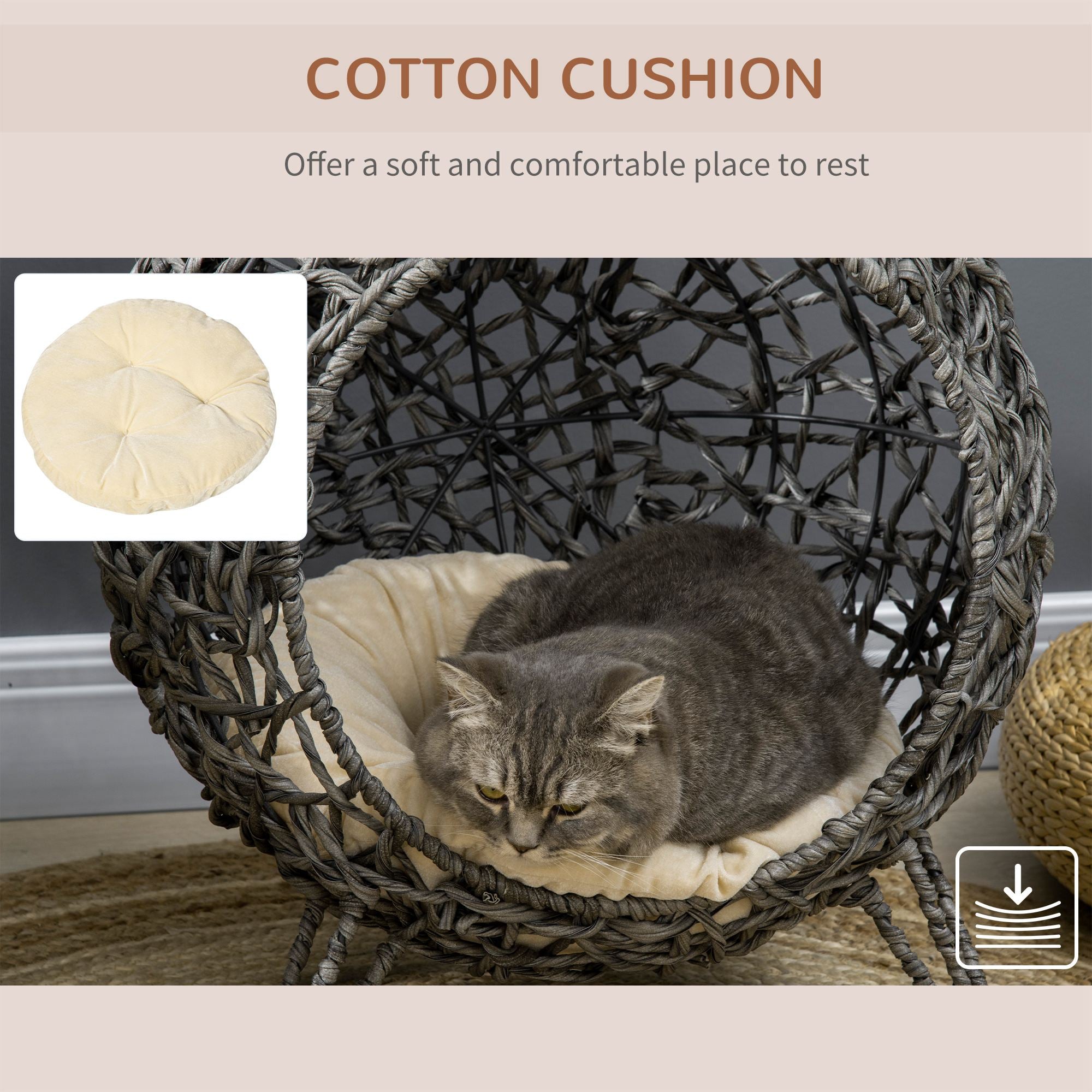 Cat resting on a cotton cushion in a wicker chair with text about the cushion's comfort.