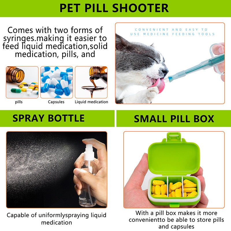 Pet pill shooter product with images of a cat being fed, spray bottle, and pill box.