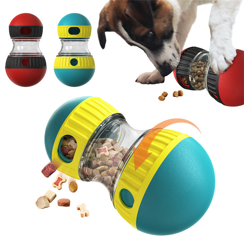 Colorful dog toy with a transparent section revealing treats, accompanied by a dog interacting with it.