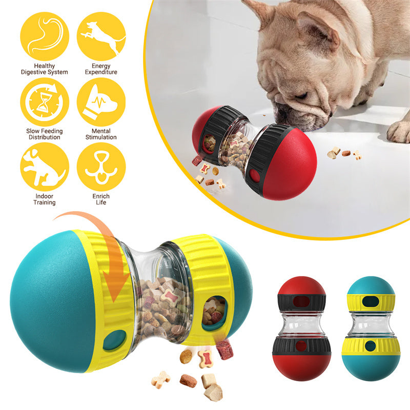Pet toy with food dispenser and a dog interacting with it, surrounded by icons and text.