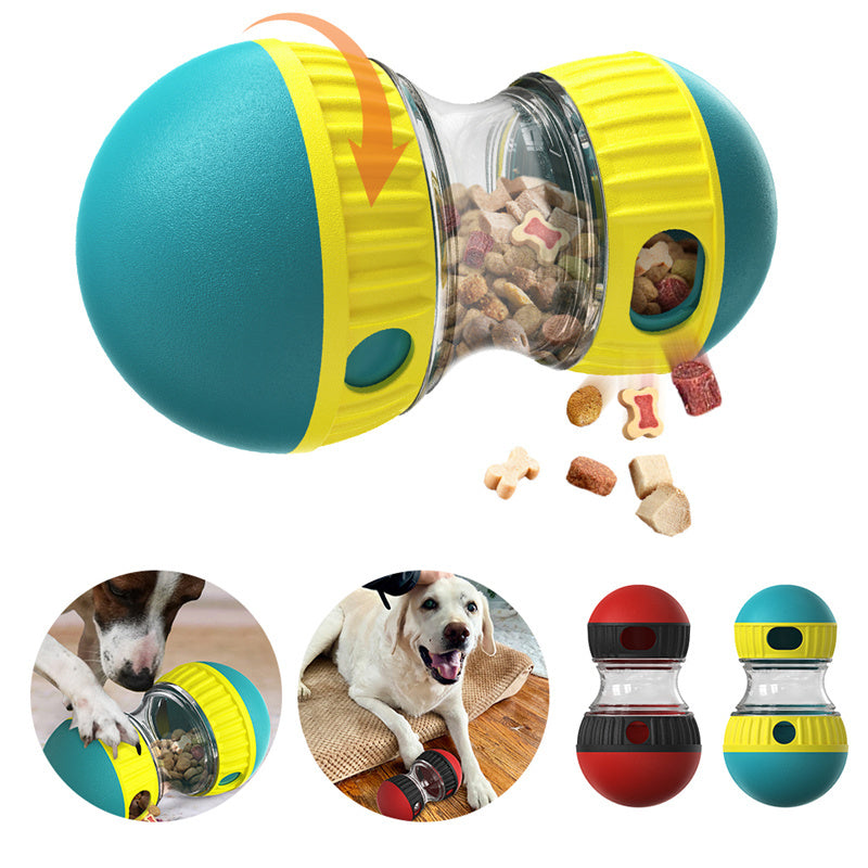 Colorful dog toy with treat dispensers and small dogs interacting with it on a white background.