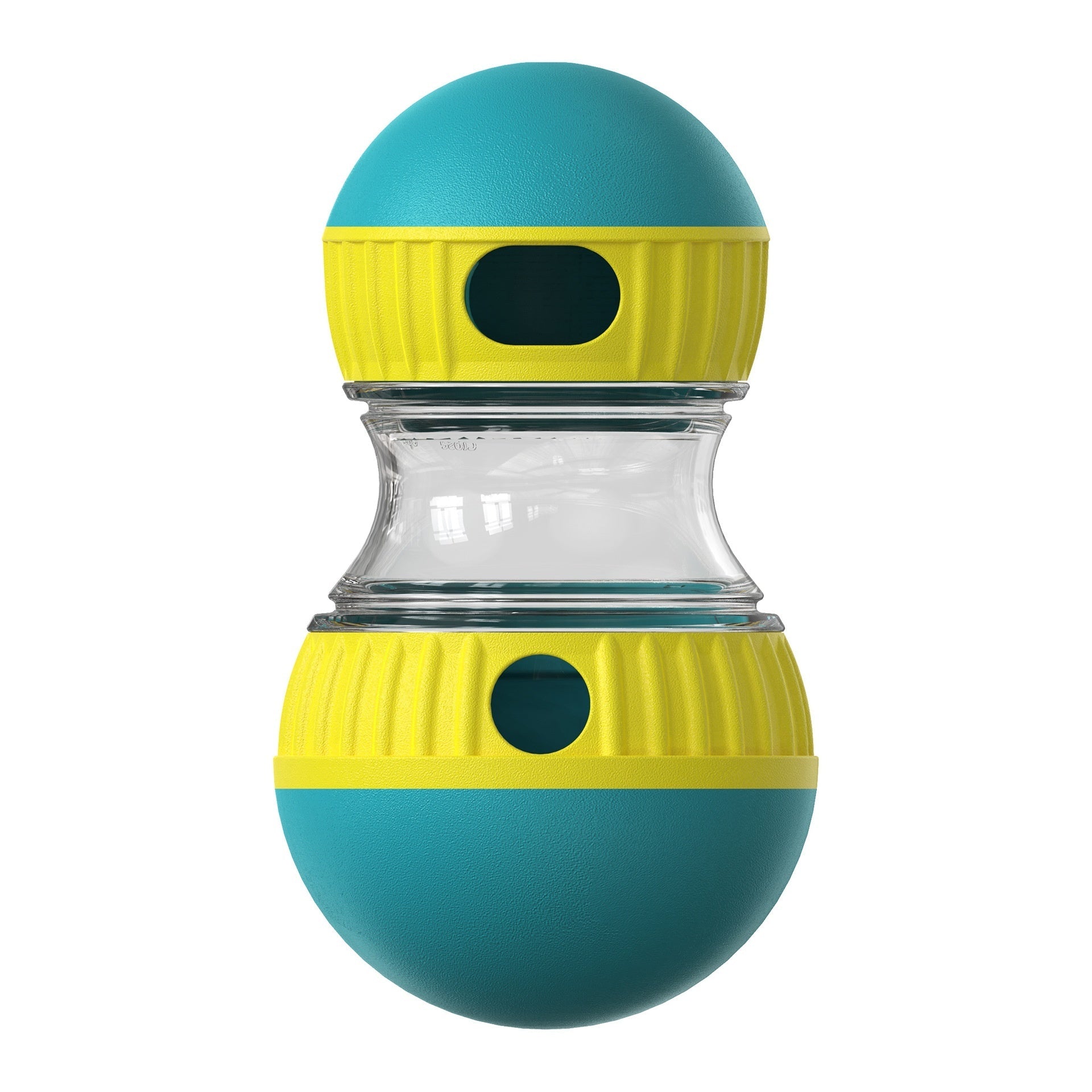 Spherical water bottle with blue and yellow design on a white background