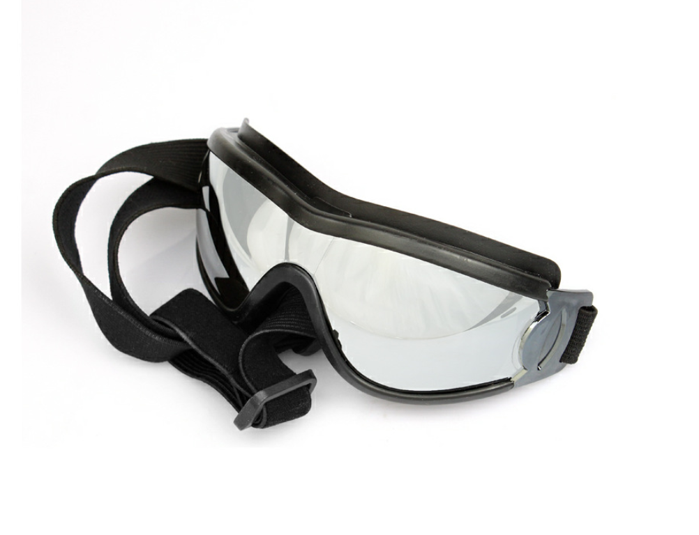 Black goggles with clear lenses on a white background