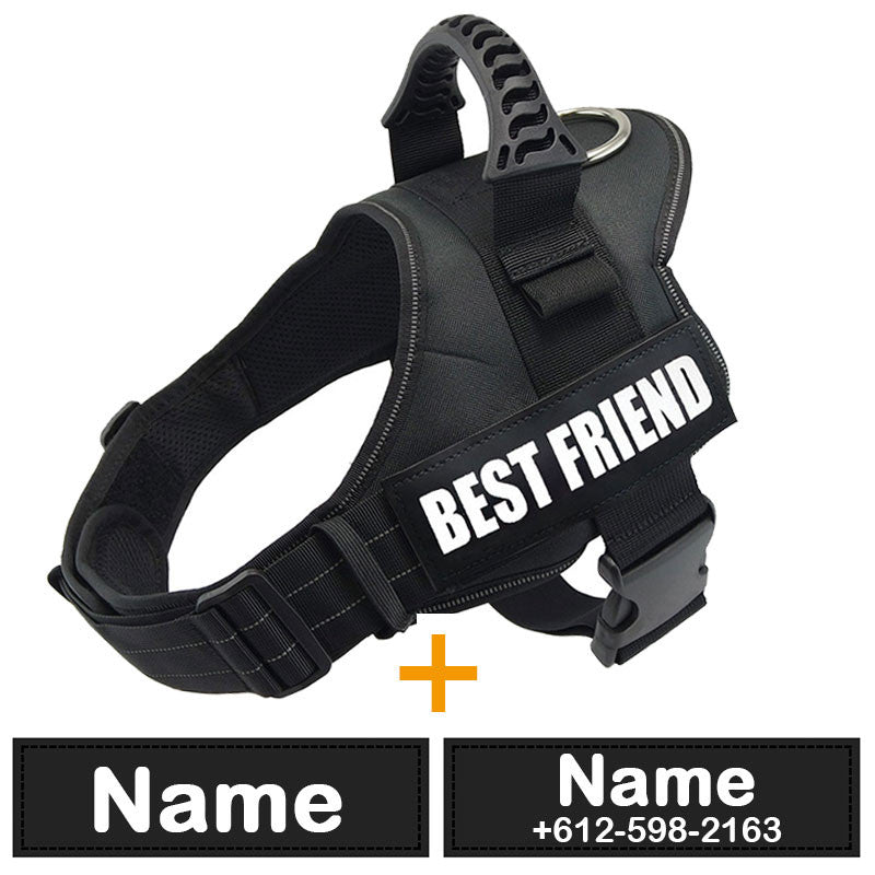 Black dog harness with 'BEST FRIEND' text on a white background