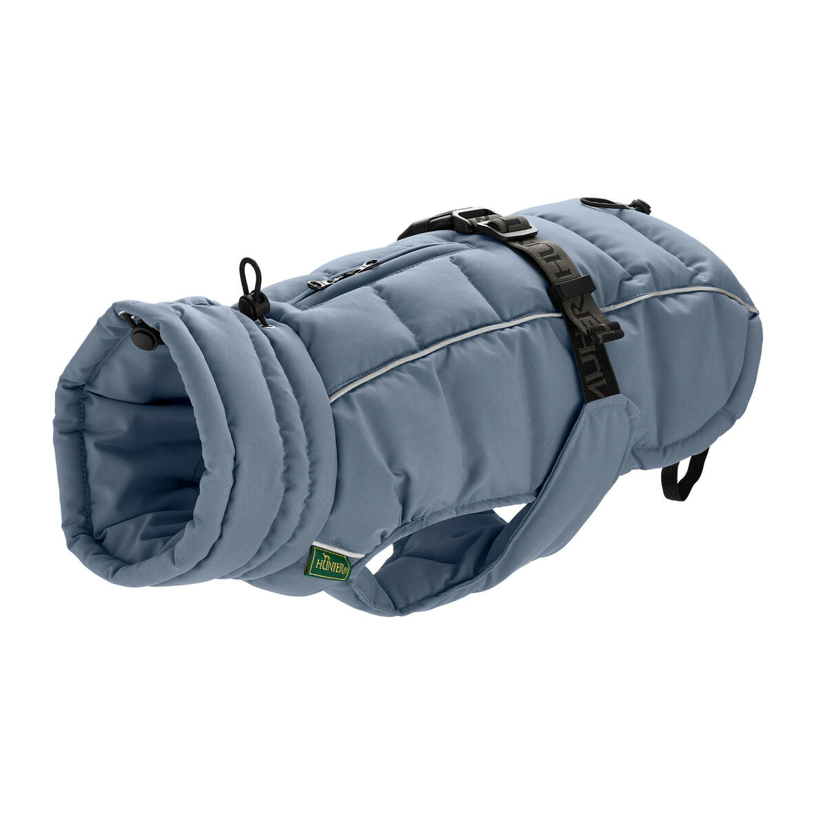 Blue dog coat with straps on a white background