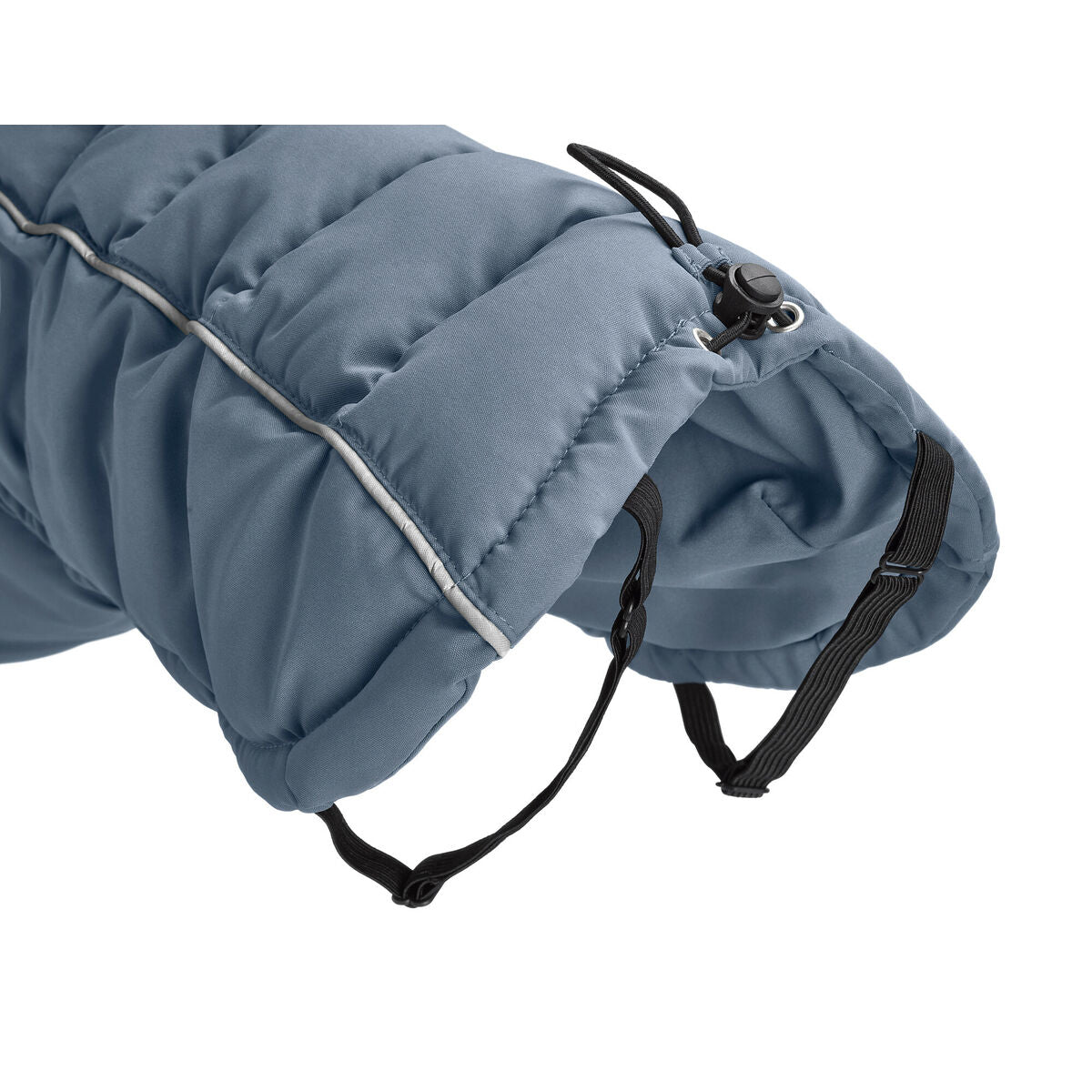 Blue dog coat with black straps on a white background