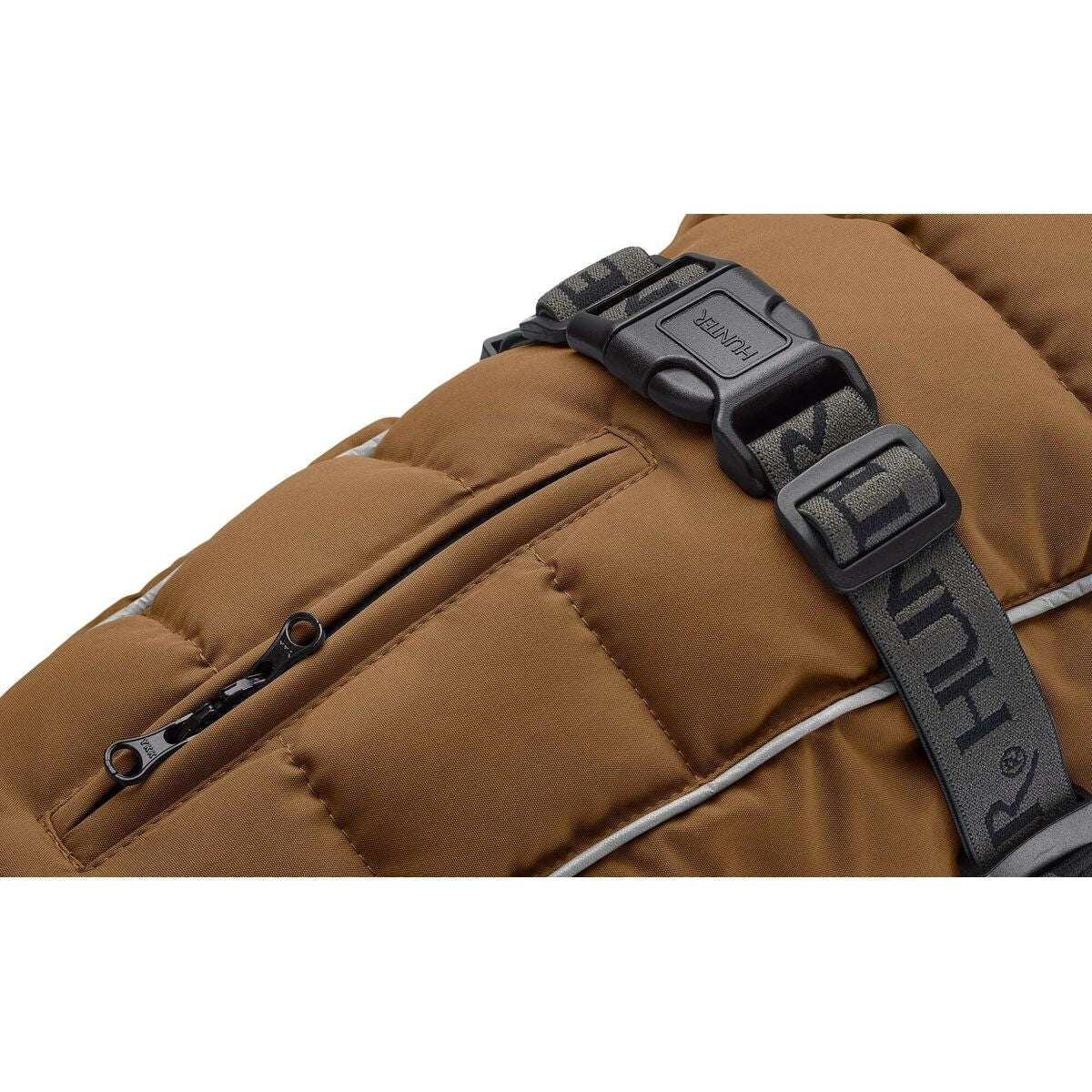 Brown puffer jacket with a black strap and visible brand logo on a white background