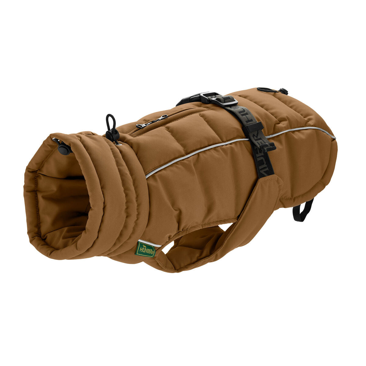 Brown dog coat with a visible brand logo on a white background