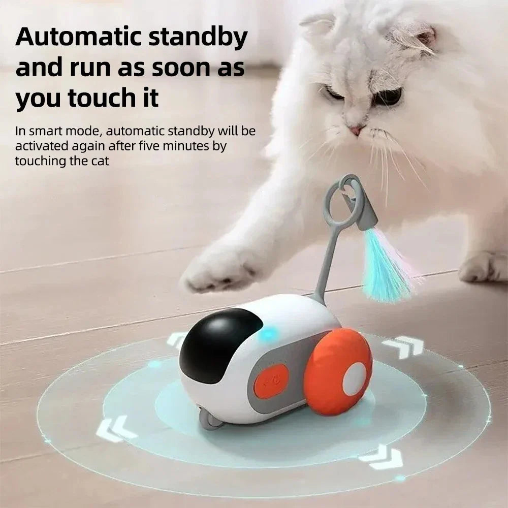 Pet toy with LED light and text about automatic standby and activation by pet touch.