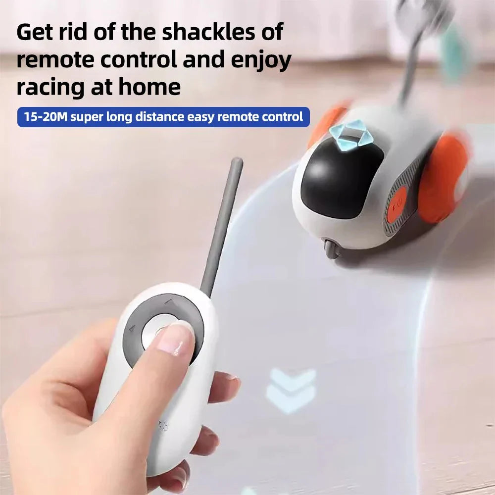 Hand holding a remote control with text about long-distance remote control racing.