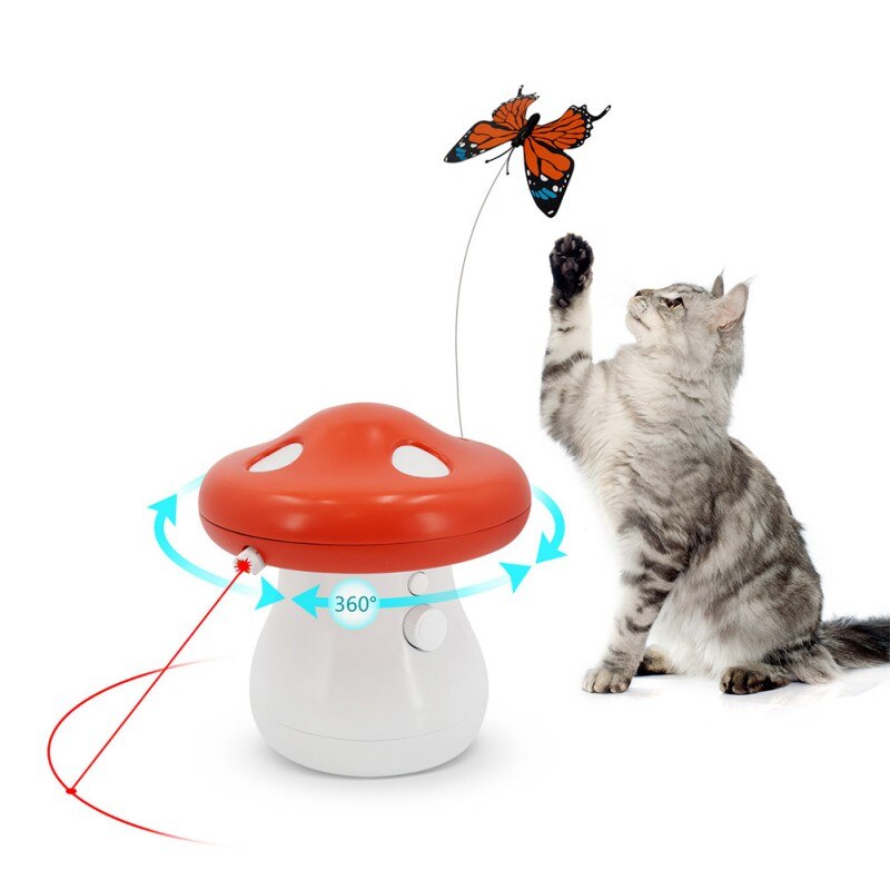 Cat playing with a mushroom-shaped toy with a butterfly on a white background