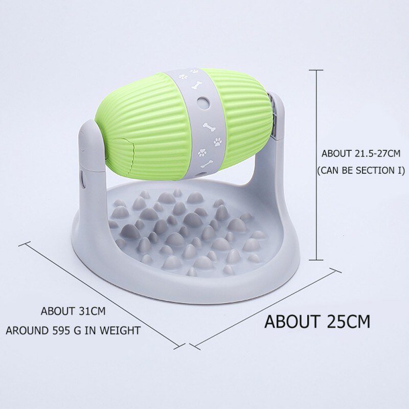 Pet toy with green top and gray base, showing dimensions on a light purple background