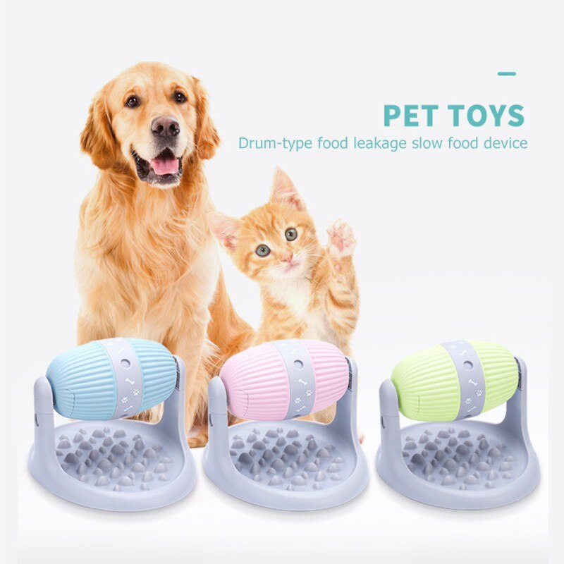 Dog and cat with three colorful pet toys on a white background