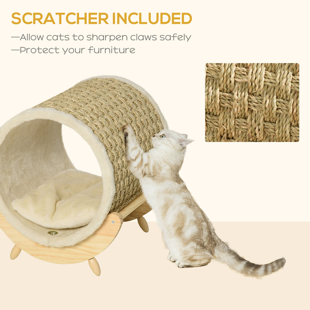 Cat using a cylindrical cat scratcher with text indicating it includes a scratcher for safe claw sharpening and furniture protection.