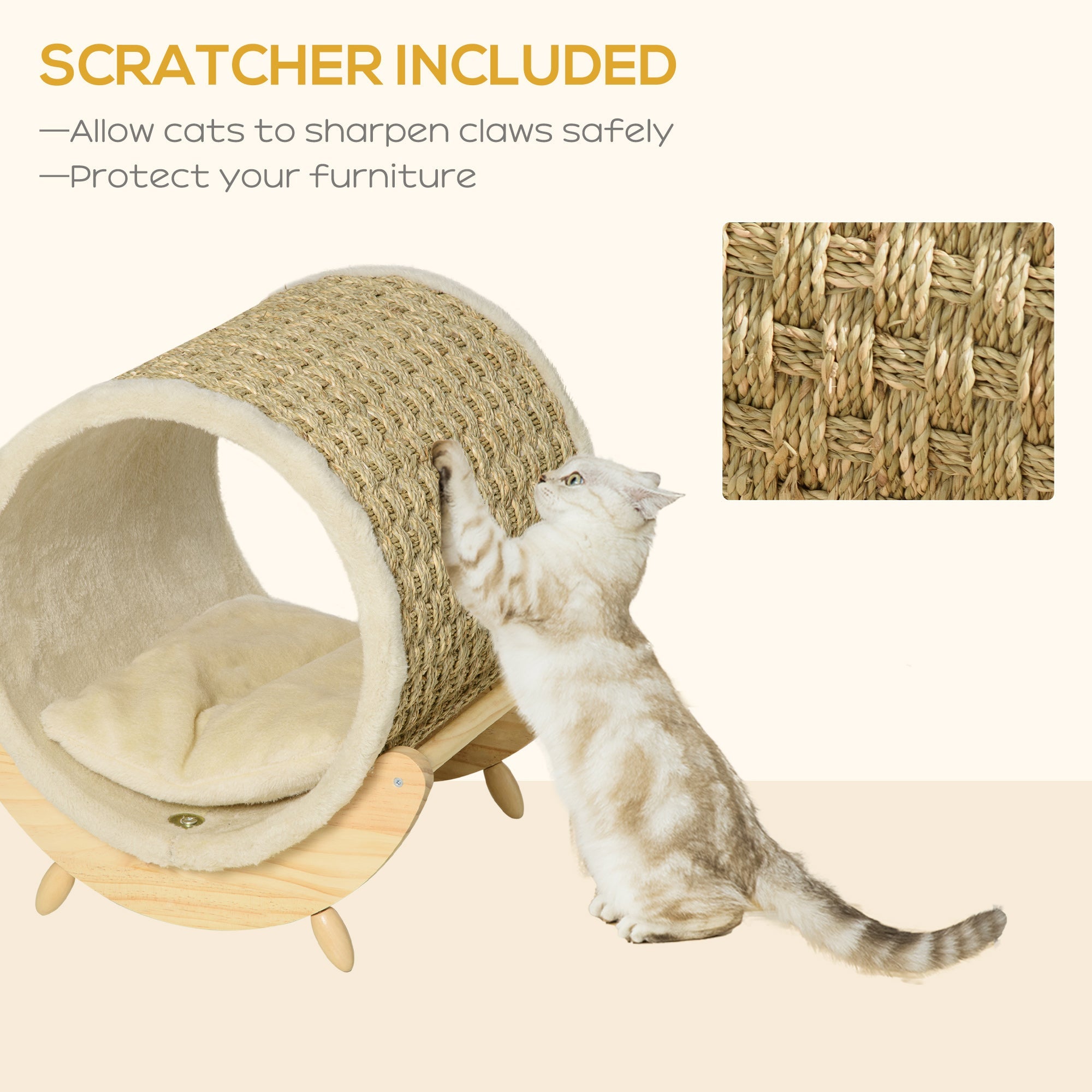 Cat using a cylindrical cat scratcher with text indicating it includes a scratcher for safe claw sharpening and furniture protection.