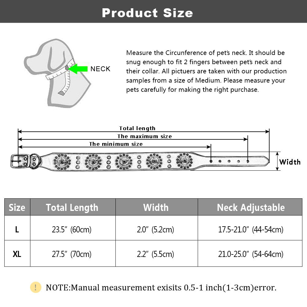 Measurement chart for pet collars with size guide and instructions.