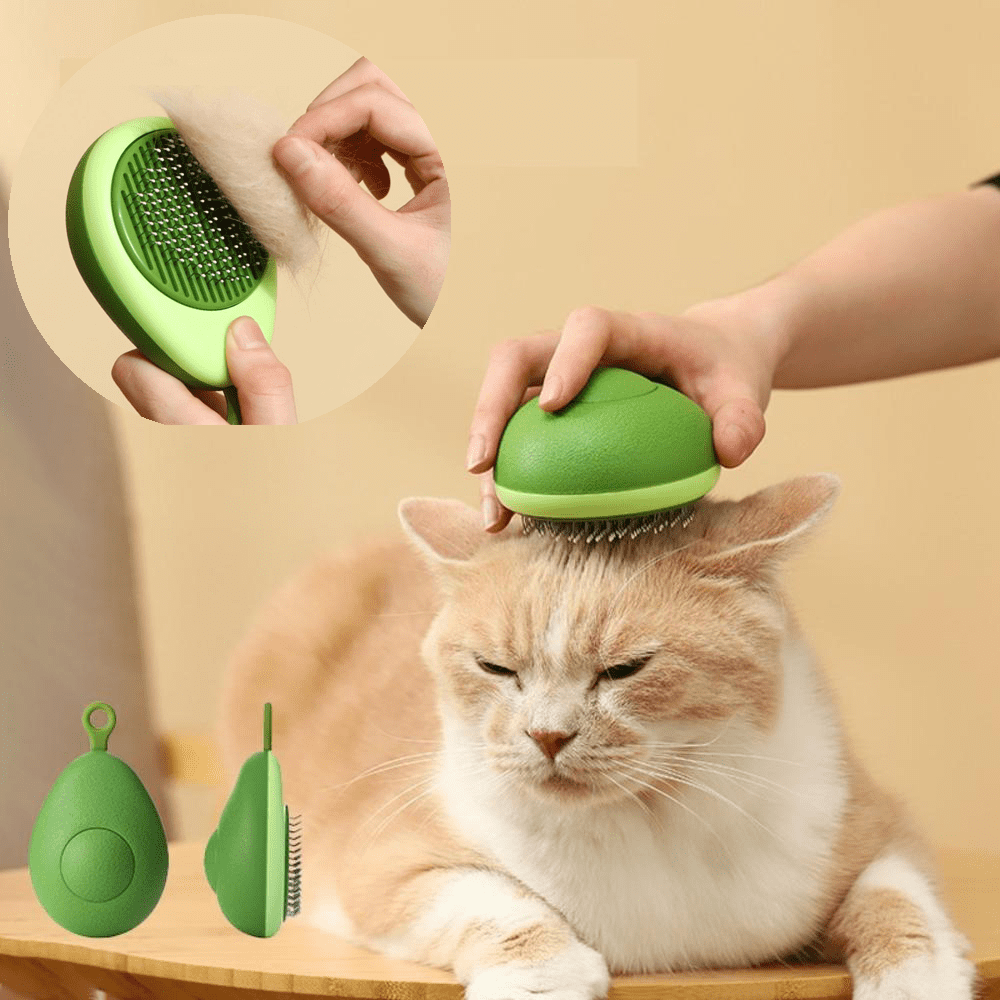 Green pet grooming brush being used on a cat with close-up shots of the brush and cat.