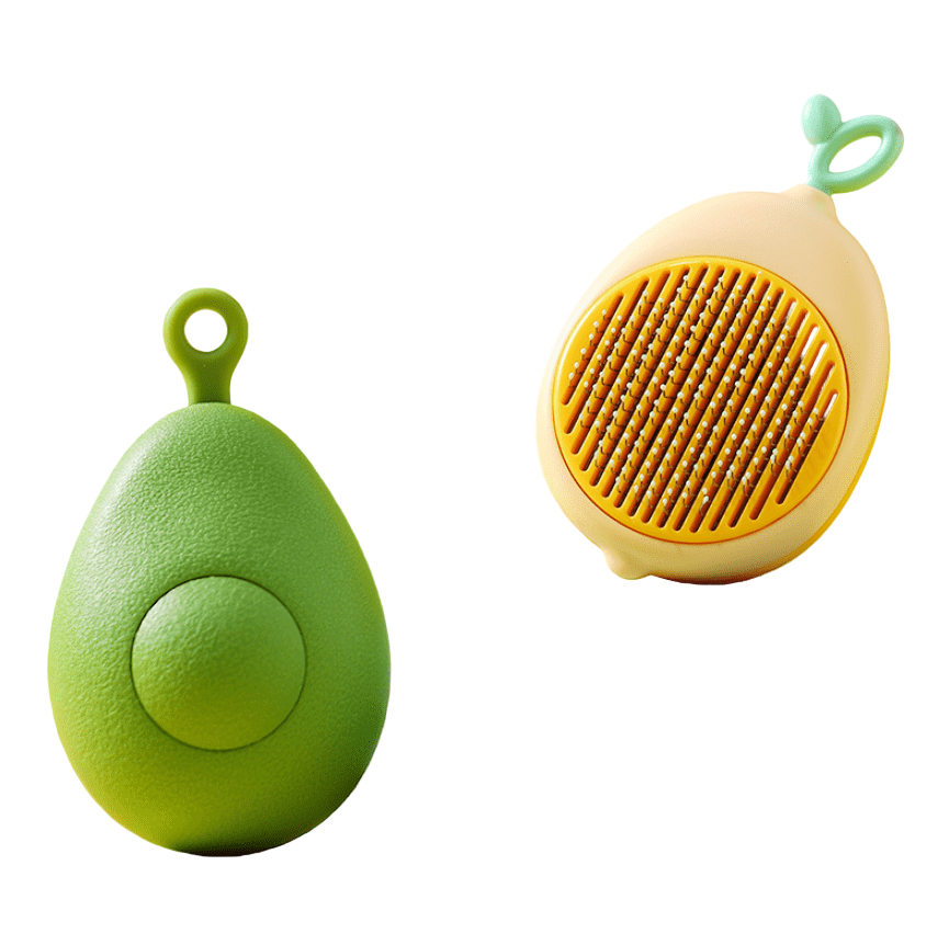 Two colorful pet grooming tools on a geometric background