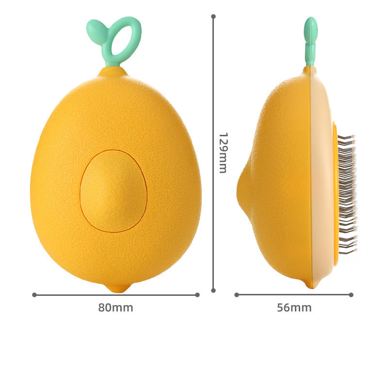 Yellow pet grooming tool with green handle, shown from two angles with measurements.