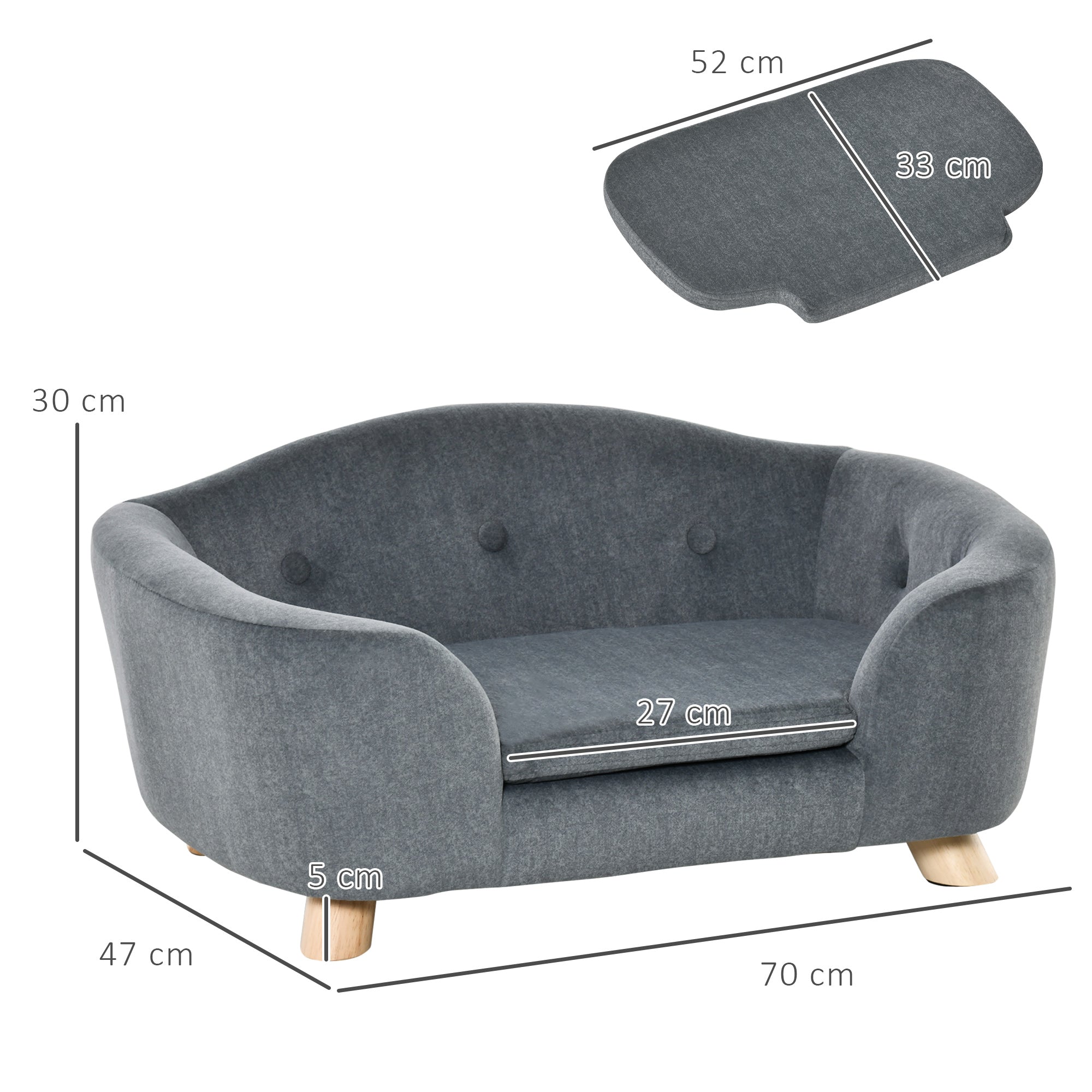 Gray pet sofa with dimensions labeled on a white background