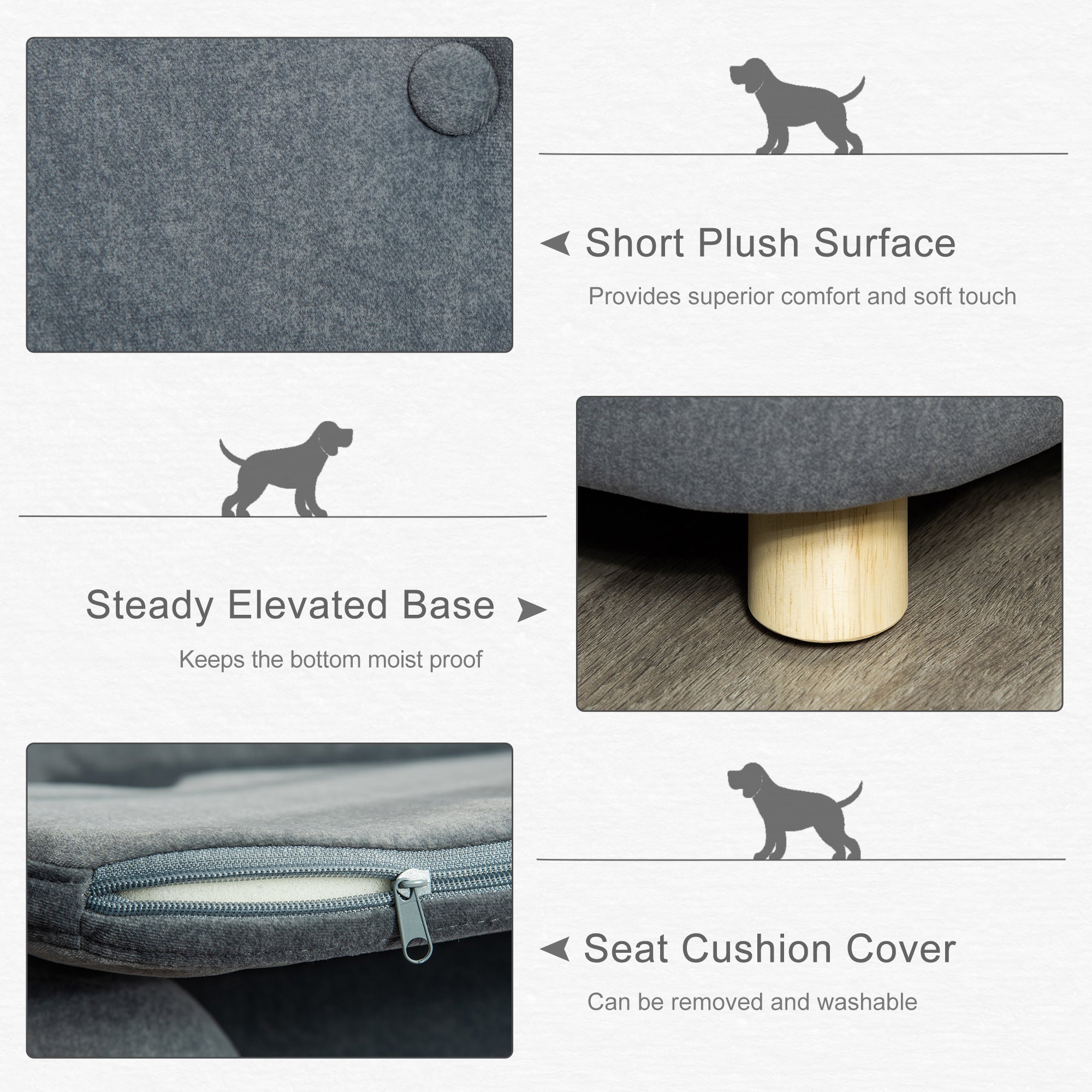 Product features of a pet bed with text describing comfort, elevation, and washability.
