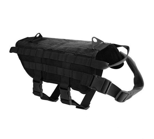 Black tactical dog harness on a white background