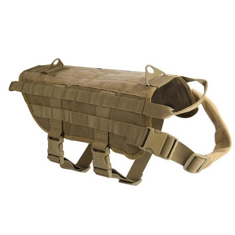 Tan tactical dog harness on a white background