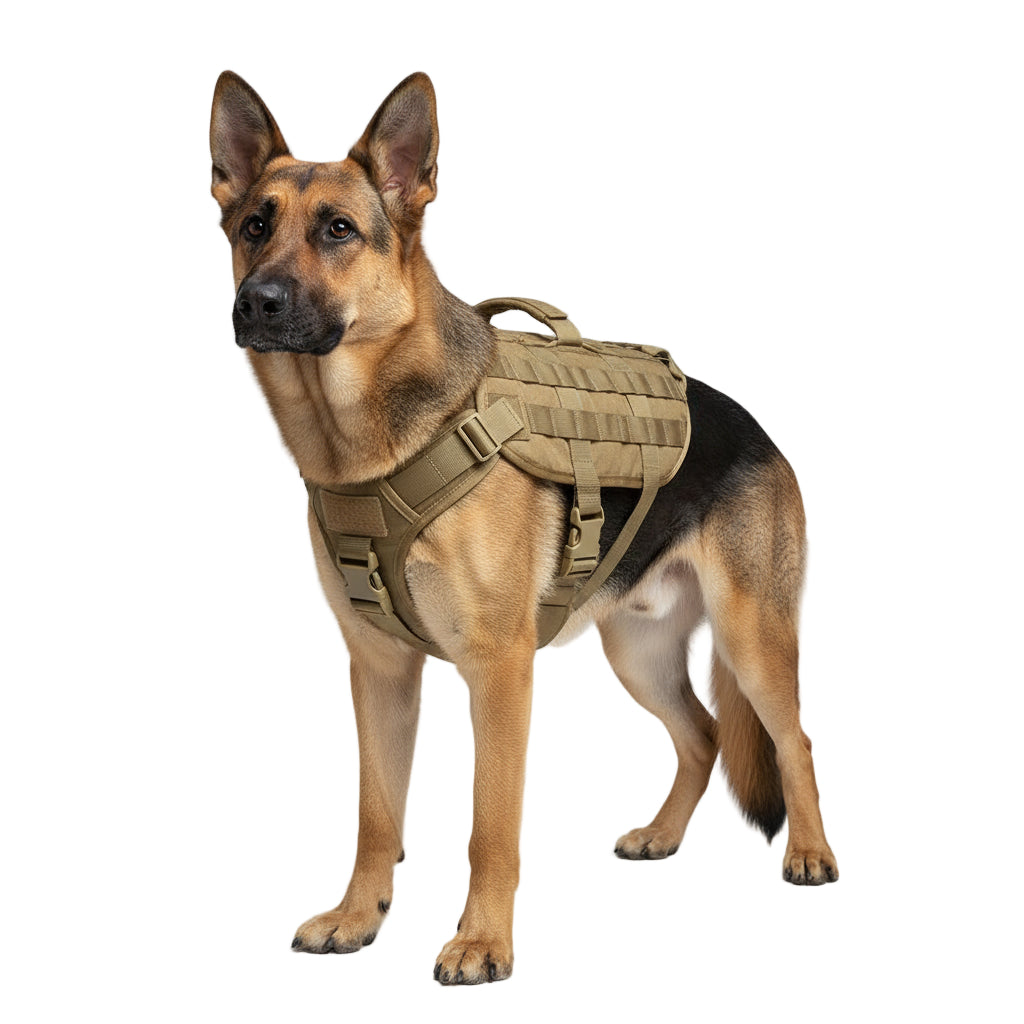 Tan tactical dog harness on a white background