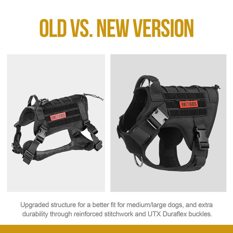 Comparison of old and new dog harness versions with text describing features.