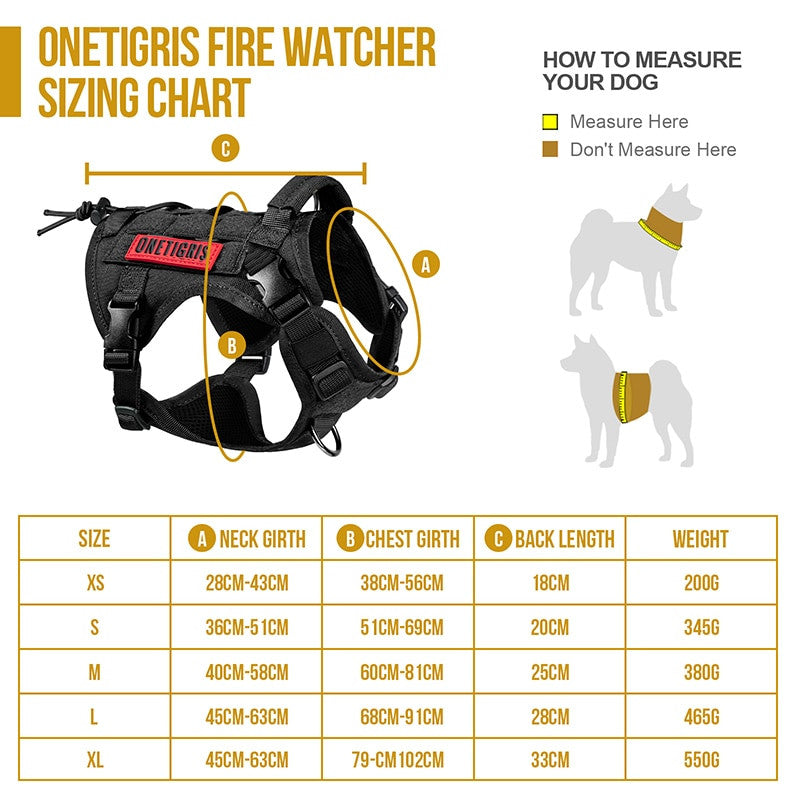 OneTigris Fire Watcher dog harness sizing chart with measurements and illustrations.