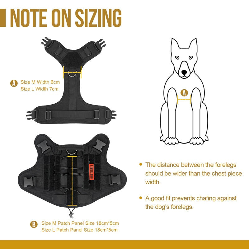 Dog harness measurement guide with a diagram of a dog and text on sizing.