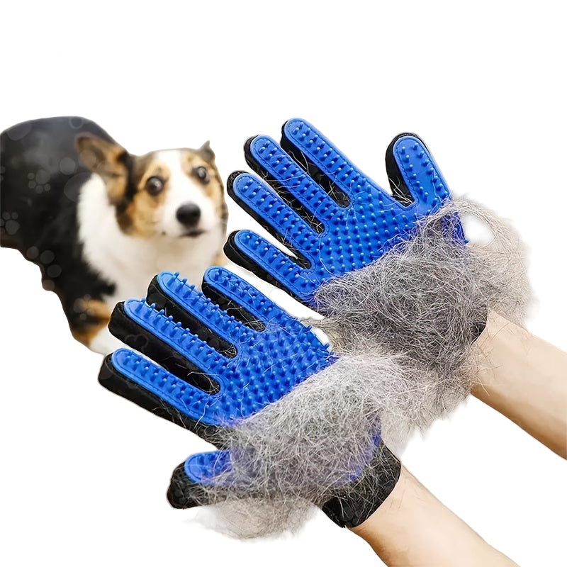 Pet grooming gloves with silicone tips for gentle brushing and massage
