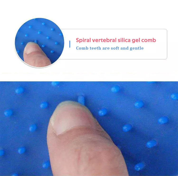 Blue pet grooming glove showing flexible design and grooming nodules
