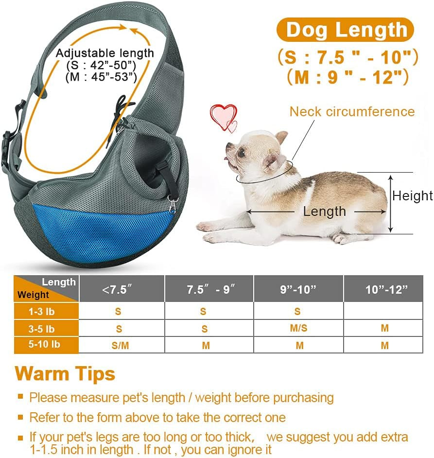 Dog sling with measurement chart and dog illustration for size guide