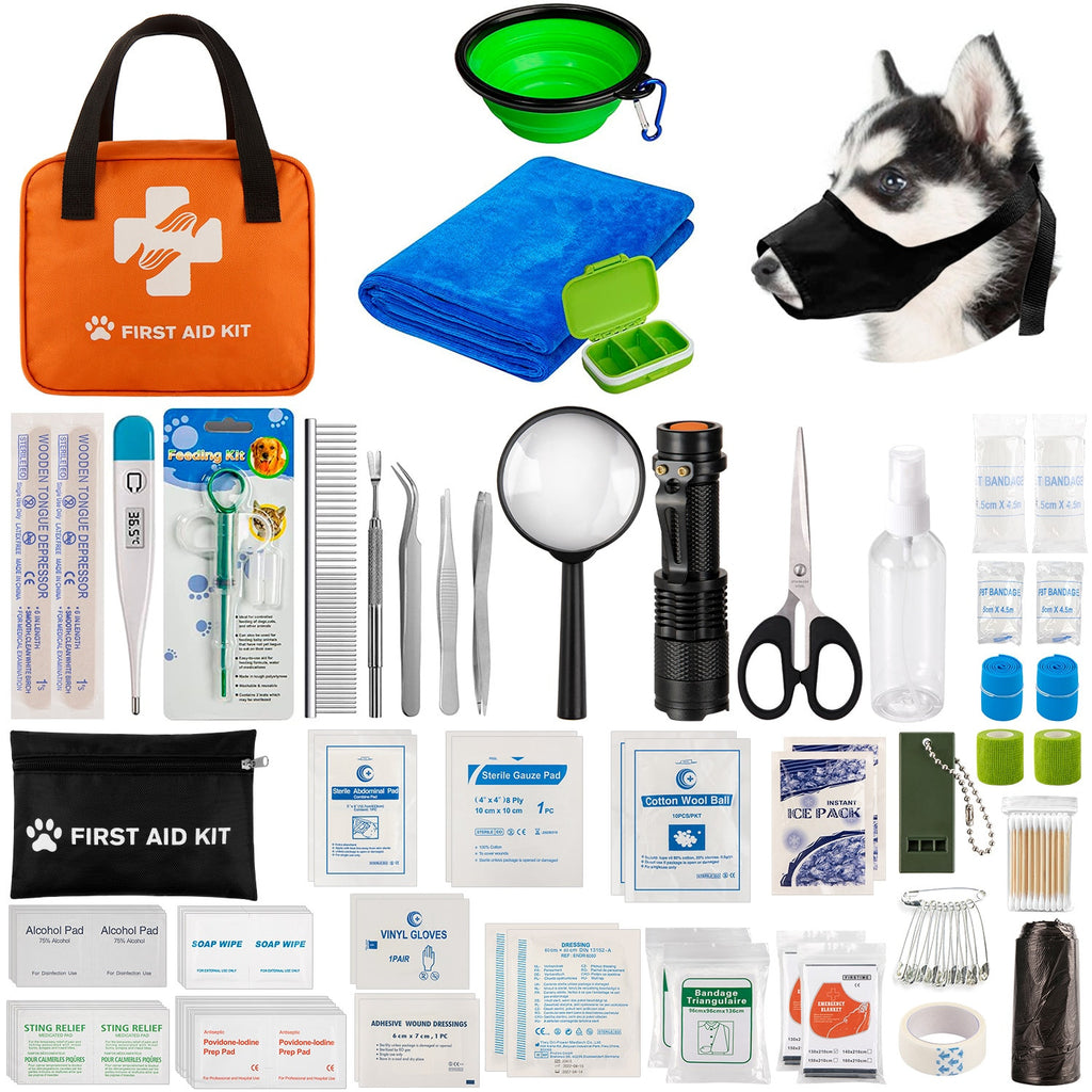 Collection of pet first aid supplies including a first aid kit, bandages, and tools on a white background.