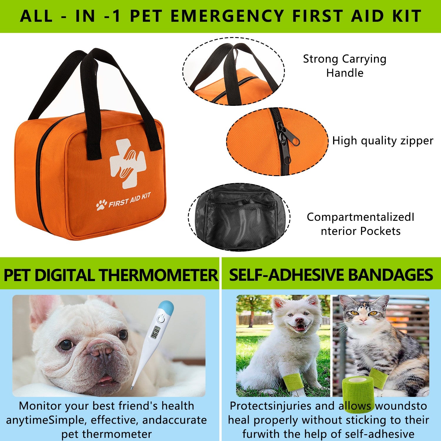 Orange pet emergency first aid kit with features and uses highlighted