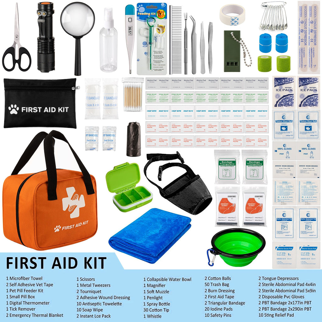 Collection of first aid kit contents including tools and supplies on a white background.
