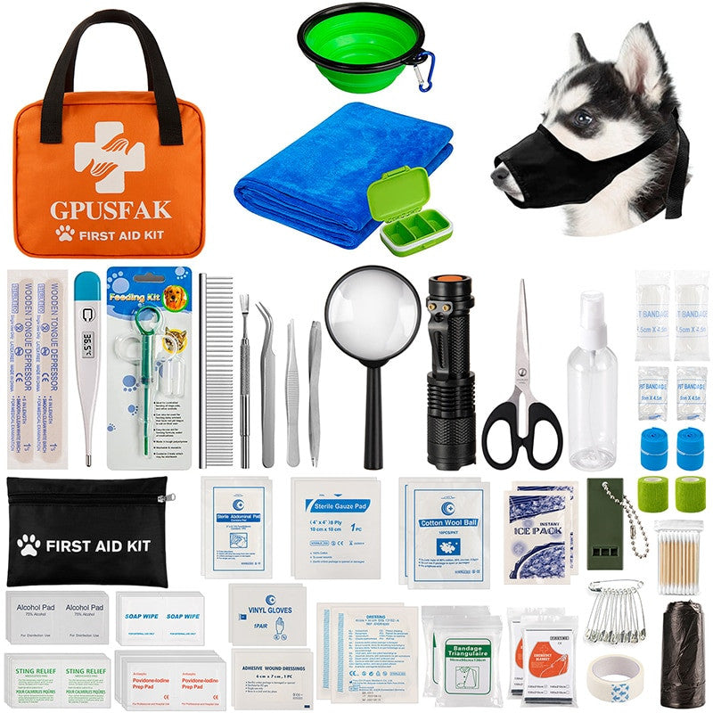 Collection of first aid supplies and a dog muzzle on a white background