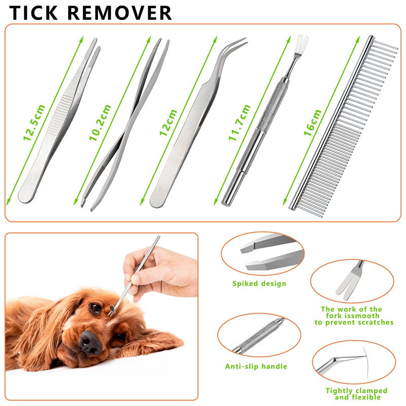 Tick remover tools with measurements and usage on a dog