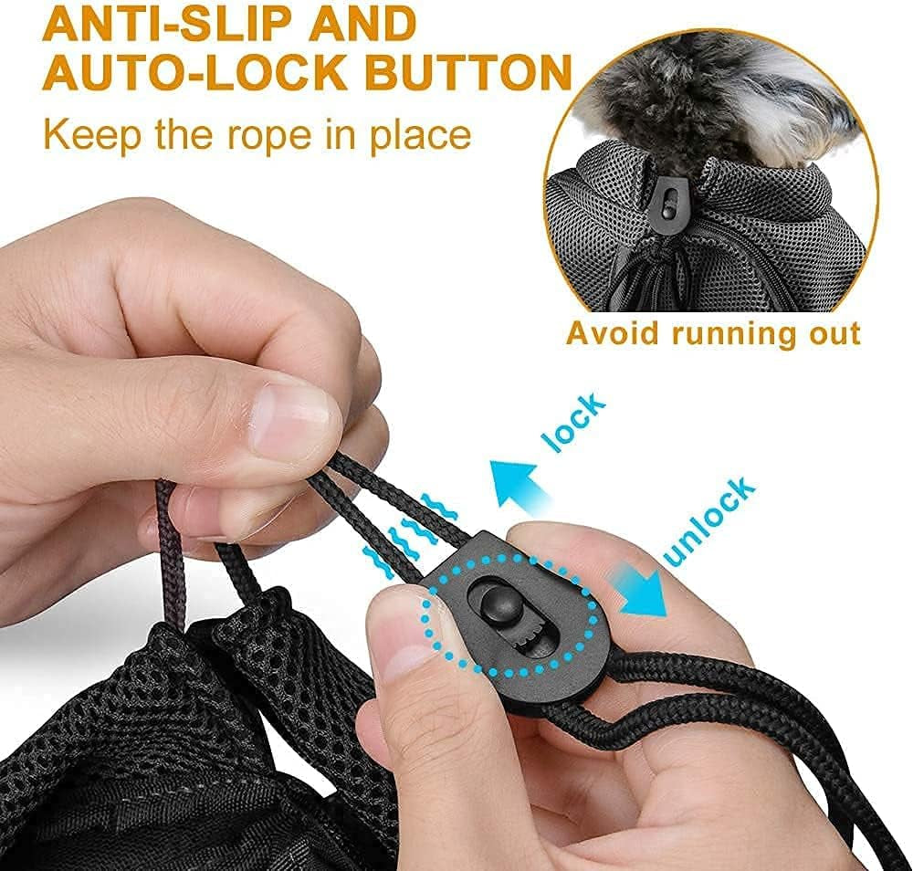 Close-up of hands demonstrating an anti-slip and auto-lock button on a dog leash, with text explaining its functions.