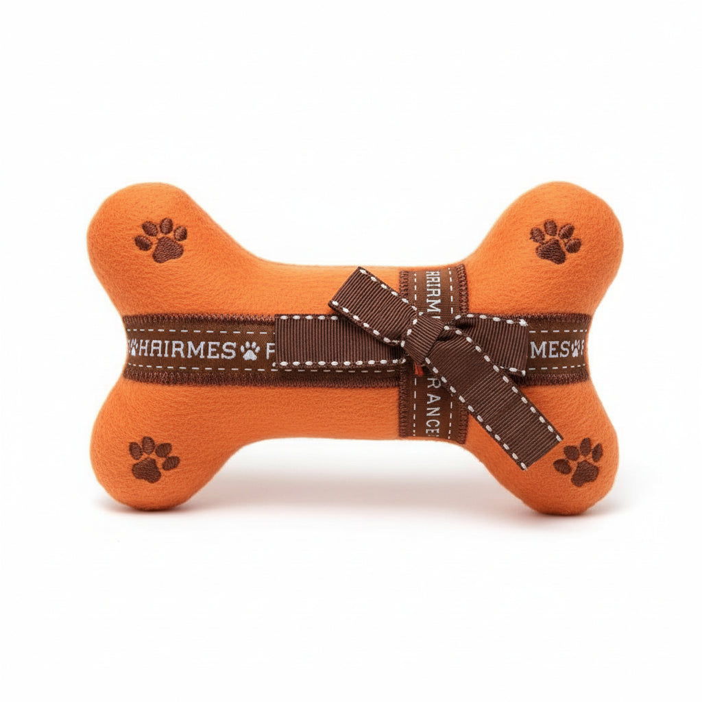 Orange bone-shaped toy with a brown ribbon and 'Whimzees' branding on a blurred background.