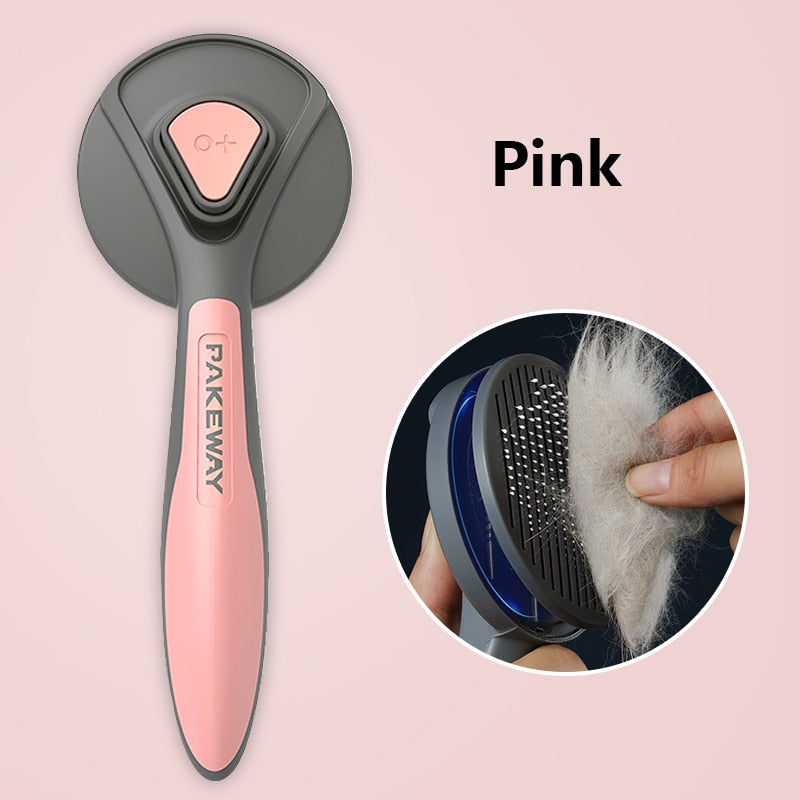 Gray and pink pet grooming brush with inset showing use on a pink background
