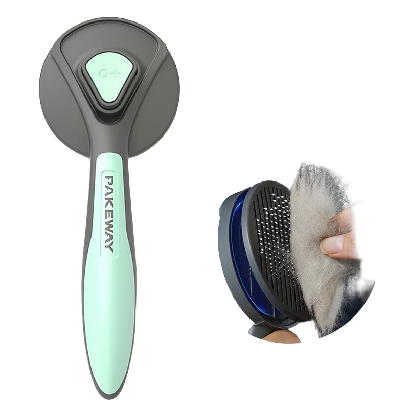 PAKEWAY pet grooming brush with green handle and gray bristle head, inset showing use on pet fur.
