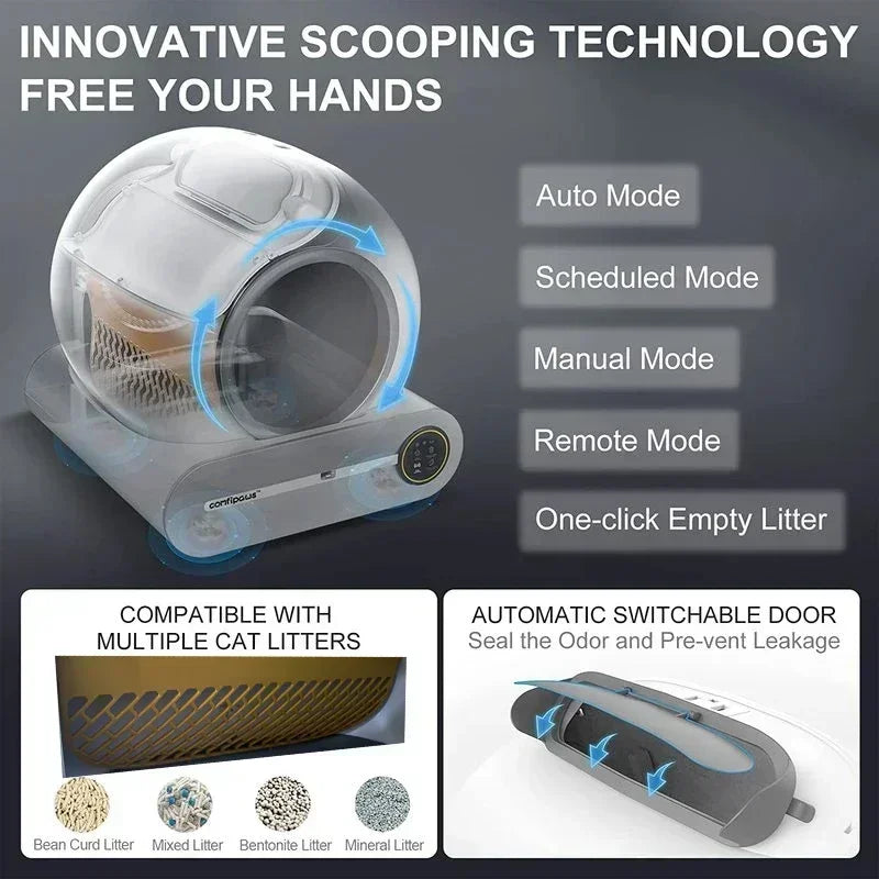 Cat litter box with innovative scooping technology features on a gray background