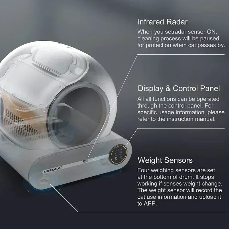 Pet washing machine with features highlighted on a dark background