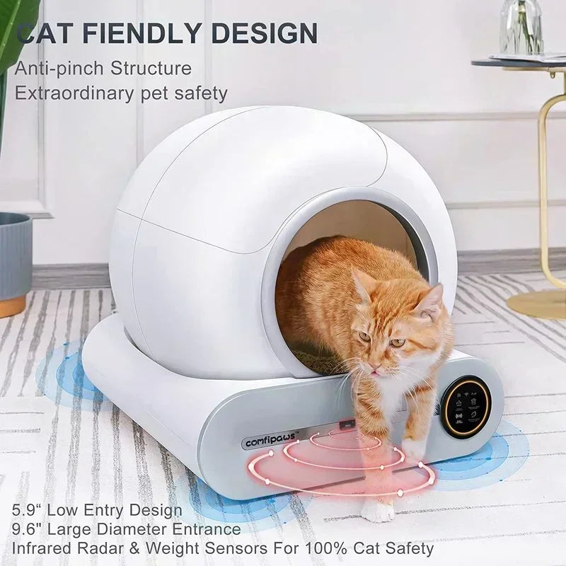 Cat using a modern litter box with safety features in a home setting