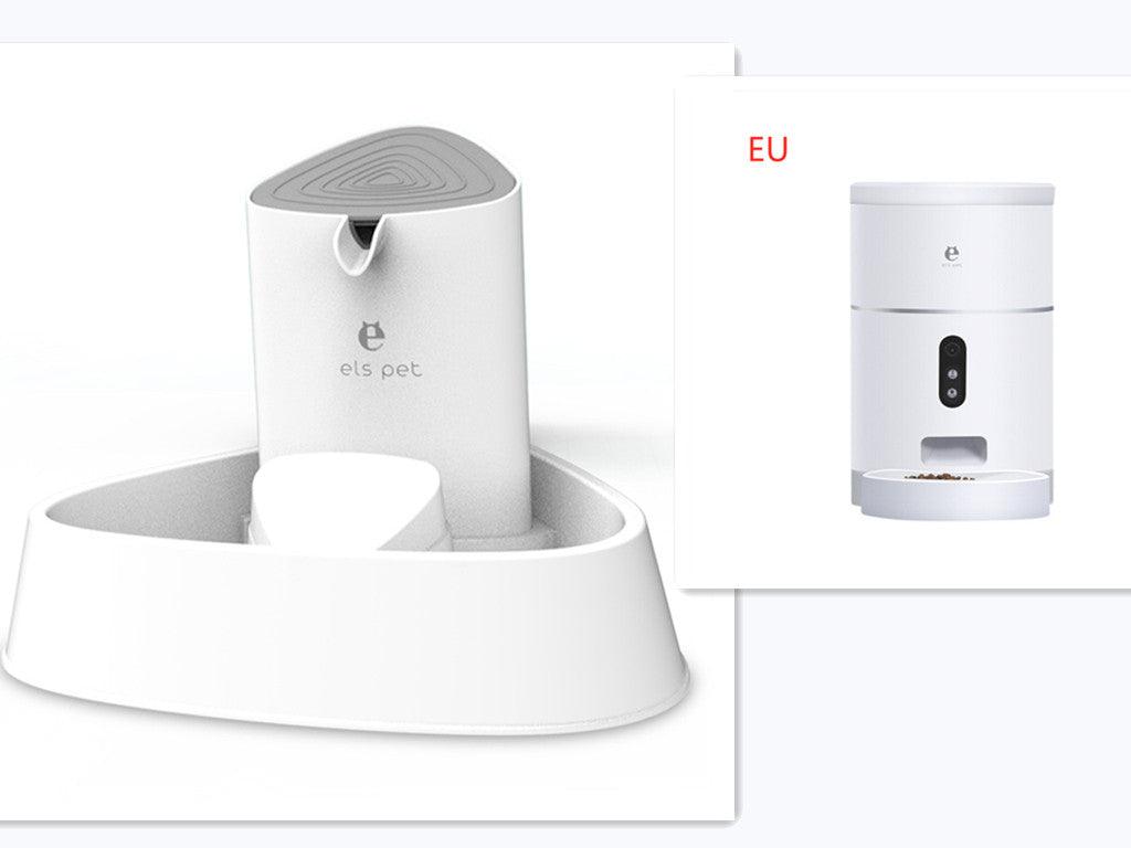 White pet water fountain with a smaller device labeled 'EU' on a white background