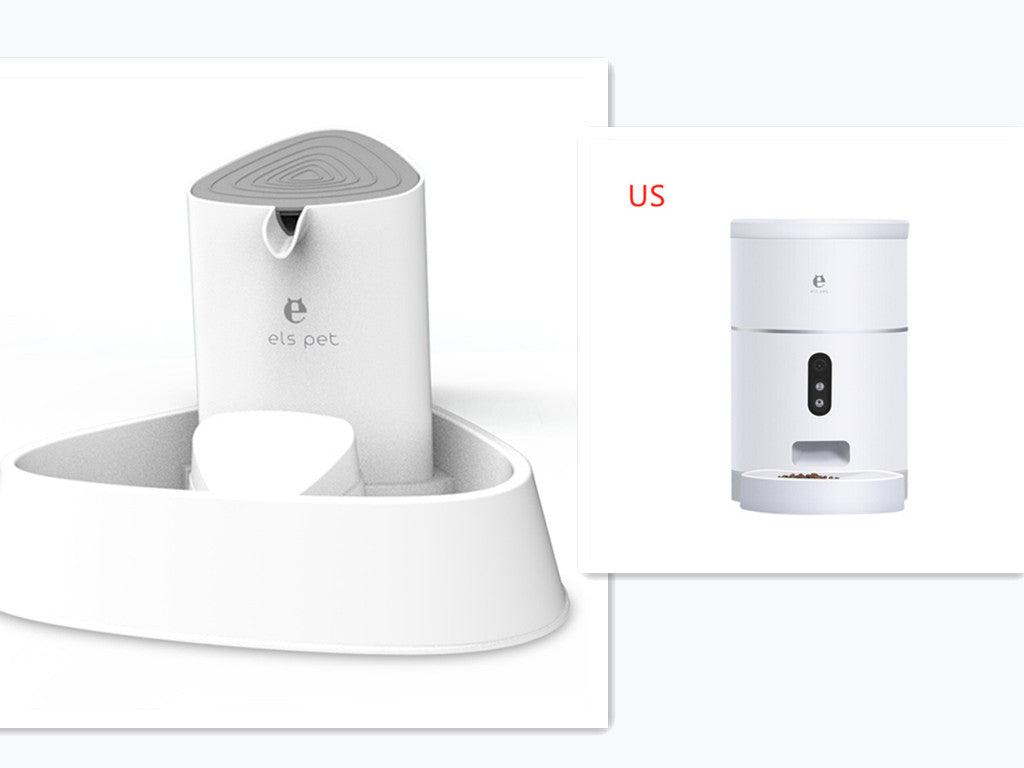 White pet fountain and dispenser on a white background with 'US' text.