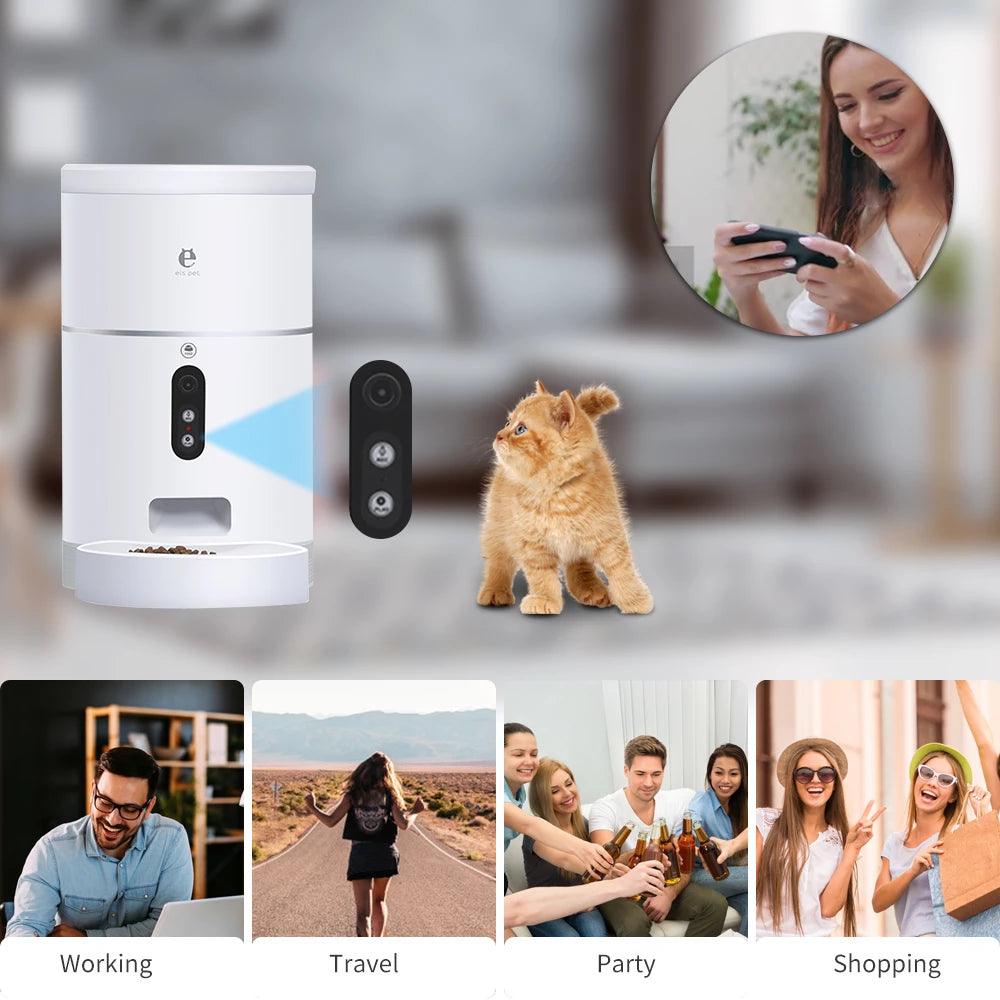 Collage of a device, a cat, people working, traveling, partying, and shopping.