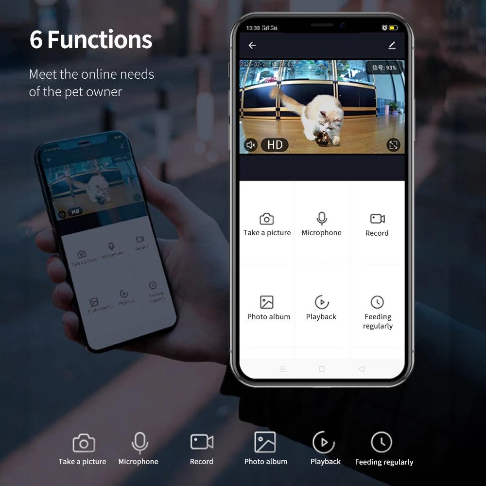 Smartphone app interface with pet monitoring features displayed on a blurred background
